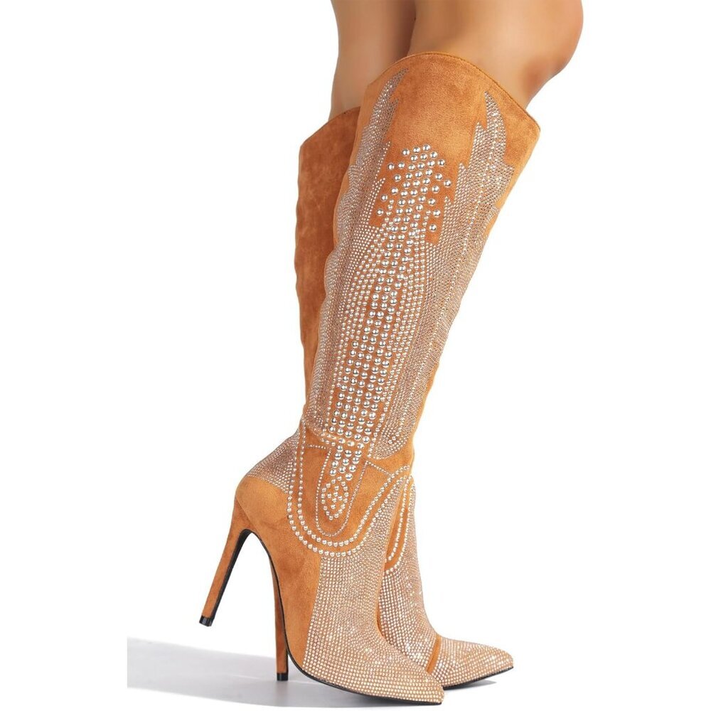 ⚡Women's Tan Western Cowgirl Boots Knee High With Stiletto Heels Fashion - Picture 6 of 7